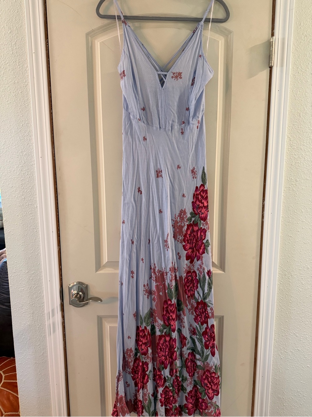 Light Blue Floral Maxi Dress with Pink Rose Print